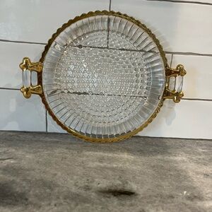 Vintage Hobnail  Glass Serving Tray with Gold Handles